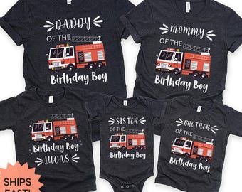 Verjaardagsshirt brandweerwagen, brandweerwagen thema verjaardagscadeau shirt, shirt brandweerman peuter, bijpassend familie- en kindershirt