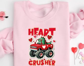 Heart Crusher Monster Truck Sweatshirt, Toddler Tees, Valentine Crusher Kids Sweatshirt, Boy Valentines Day Tee, Valentines Farm Sweatshirt