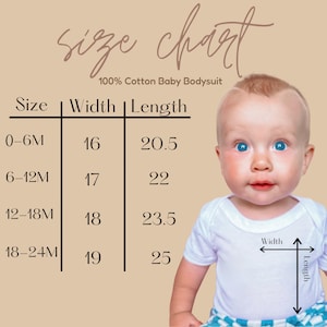 May include: A baby in a white onesie with a size chart for a 100% cotton baby bodysuit. The chart shows sizes 0-6M, 6-12M, 12-18M, and 18-24M, with corresponding width and length measurements in inches.