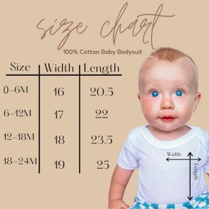 May include: A baby in a white onesie with a size chart for a 100% cotton baby bodysuit. The chart shows sizes 0-6M, 6-12M, 12-18M, and 18-24M, with corresponding width and length measurements in inches.