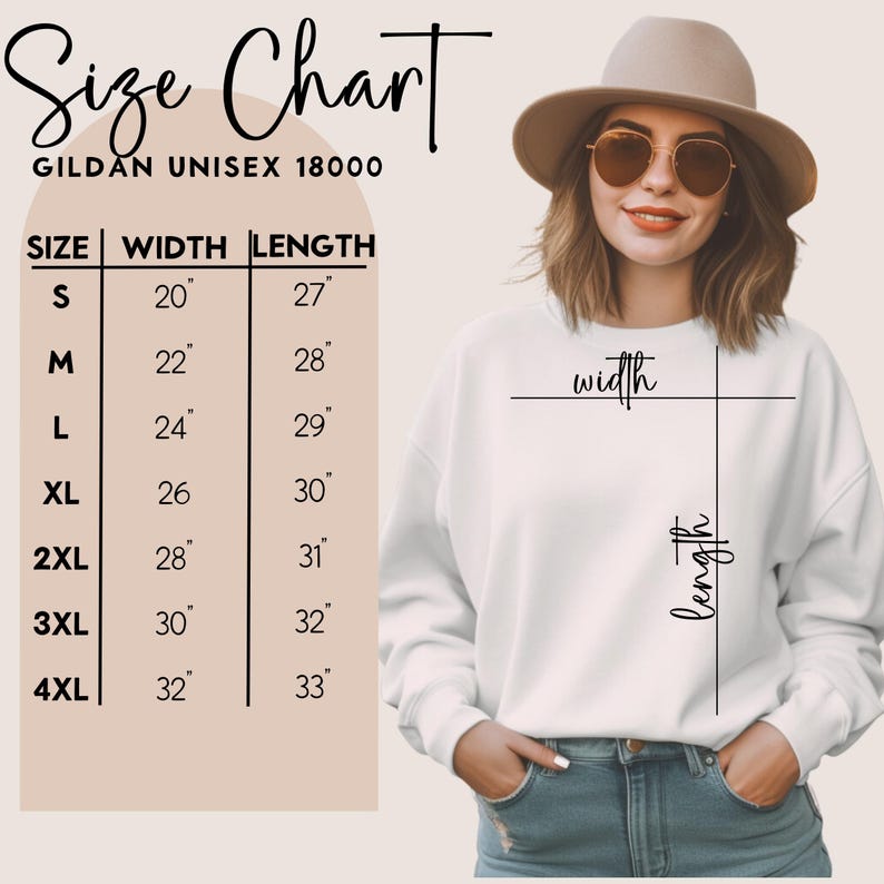 May include: A size chart for Gildan Unisex 18000 sweatshirts. The chart displays sizes S to 4XL, with corresponding width and length measurements in inches. A person wearing a white sweatshirt is shown, with lines indicating width and length.