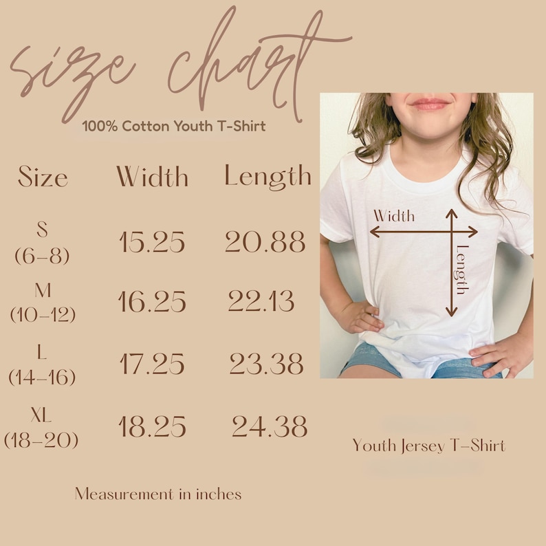 May include: Size chart for a 100% cotton youth t-shirt. Measurements in inches are provided for sizes S (15.25" width, 20.88" length), M (16.25" width, 22.13" length), L (17.25" width, 23.38" length), and XL (18.25" width, 24.38" length).