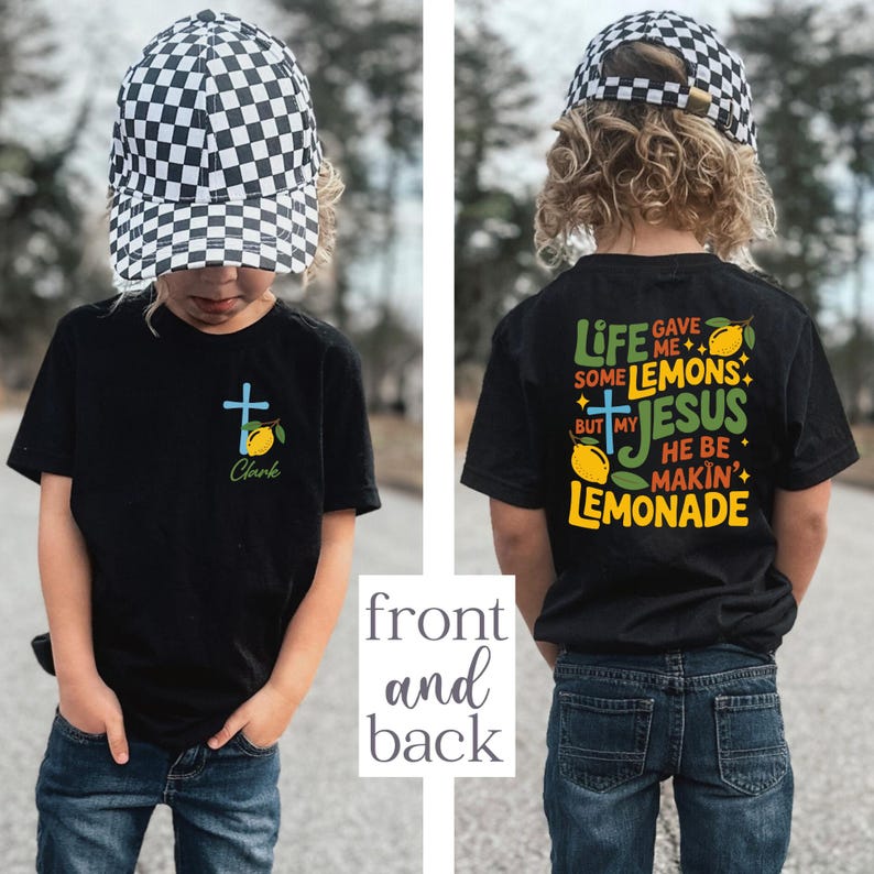 May include: Black t-shirt with a cross and lemon graphic, the name "Clark" is below the cross. The back of the shirt has the text "Life gave me some lemons but my Jesus he be makin' lemonade" with lemon graphics.