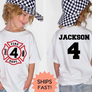 Fireman Birthday Shirt for Boys, Personalized Firefighter Tee, Custom Age & Name Top, 4th Bday Fire Truck Party Shirt, Kids Rescue Outfit
