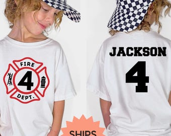 Verjaardagsshirt brandweerman voor jongens, gepersonaliseerd brandweershirt, aangepaste leeftijd en naam top, shirt brandweerwagenfeest 4e verjaardag, reddingsoutfit voor kinderen