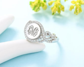 Anillo de monograma personalizado de plata esterlina con circonita cúbica / Anillo con sello inicial personalizado / Regalo de joyería con grabado