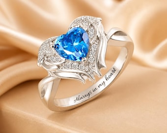 Personalized Angel Wing Heart Ring, Birthstone Promise Ring, Engraved Sterling Silver Memorial Ring, Anniversary Gift for Her
