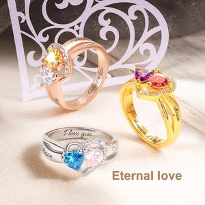 Personalized Heart Birthstone Promise Ring for Her, Custom Name Engraved Ring, Couple Jewelry Gift, Anniversary or Valentine&#39;s Ring