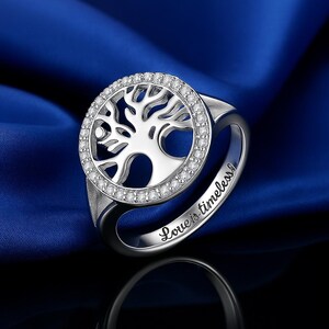 Family Tree Ring Sterling Silver | Custom Tree of Life Ring with Zirconia, Engraved Signet Gift for Mom or Grandma, Personalized
