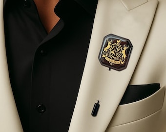 Custom Logo Lapel Pin | Personalized Family Crest or Coat of Arms Pin | Gold, Silver & Black Badge for Men, Wedding or University Gift