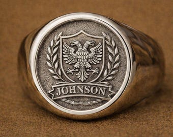 Chevalière personnalisée, blason familial en argent sterling 925, blason, cadeau bijoux héraldique pour homme