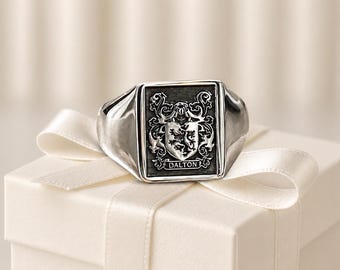 Engraved Family Crest Signet Ring, Custom Coat of Arms Ring, Personalized Heraldic Ring, Silver or Brass Keepsake Gift