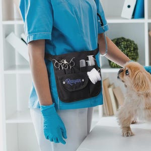 Könnte beinhalten: Schwarze tierärztliche Hüfttasche mit mehreren Taschen, die Scheren, Kämme und andere Werkzeuge enthalten. Die Tasche ist mit dem Namen "Reagan" in Lila bestickt. Ein kleiner Hund wird von einer Person in blauer Arbeitskleidung und Handschuhen untersucht.
