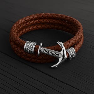 Personalized Anchor Leather Bracelet | Custom Name Men&#39;s Engraved Rope Wristband | Gift for Him, Dad, Boyfriend, Father&#39;s Day