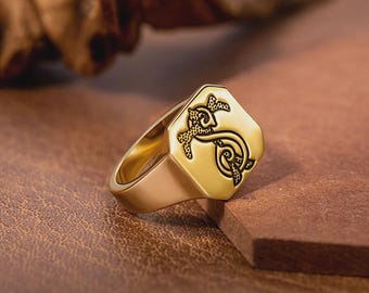 Bedruckter Ring mit Siegelring für Männer | Personalisierte Doppelbuchstabe Monogramm Ring | Gold oder Silber gravierte Paare Schmuck | Geschenk für Ihn