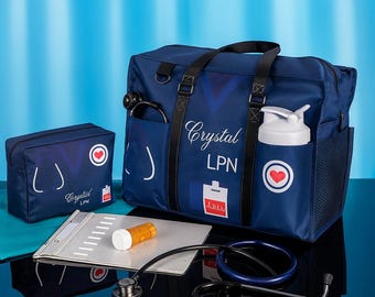 Personalized Nurse Bag Set, Large Canvas Nursing Tote with Zipper, Travel/Work Organizer, RN CNA LPN Gift
