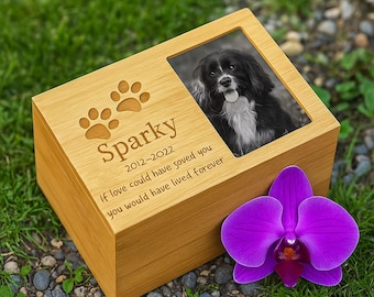 Engraved Wooden Pet Urn with Photo Slot | Custom Pet Memorial Ashes Box | Dog Cat Loss Gift, Pet Tribute Keepsake