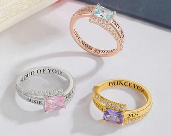 Custom Graduation Birthstone Ring | Personalized Class of 2025 University Ring with Name & Inside Engraving | Gift for Graduate