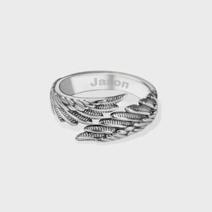 Puede incluir: Anillo plateado con dise&ntilde;o de alas. El anillo tiene el nombre "Jason" grabado en el interior. El dise&ntilde;o de alas envuelve el dedo, creando un aspecto &uacute;nico y elegante.