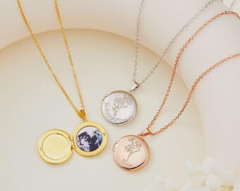 Birth Flower Locket Necklace | Personalized Family Photo Memorial Jewelry | Engraved Keepsake for Women
