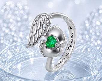 Sterling Silver Angel Wing Ring, Baby Feet Birthstone Memorial Ring, Engraved Remembrance Jewelry