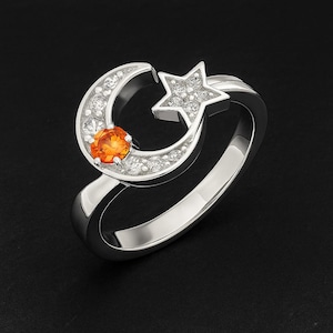 Personalisierter Mond und Stern Geburtsstein Ring - Individuell eingravierter 925 Sterling Silber, 18K Gold oder Rosevergoldeter Schmuck