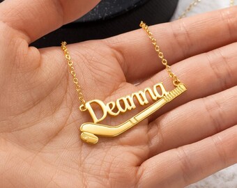 Personalized Name Hockey Necklace, Custom Sterling Silver or Gold Name Pendant, Hockey Stick Necklace, Gift for Player, Coach, or Mom