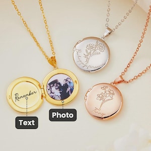 Geboortebloem foto medaillon ketting met gravure, gepersonaliseerde aandenken sieraden, aangepast cadeau voor dochter, vrouw, herdenkingscadeau