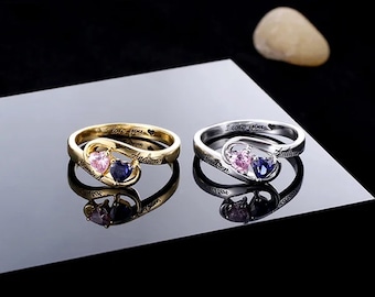 Custom Two Heart Birthstone Ring | Sterling Silver Engraved Name Ring