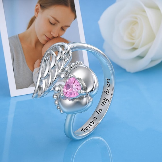 Personalized Angel Wings Baby Feet Memorial Ring Brass or