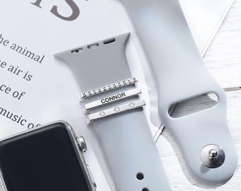 Personalized Apple Watch Band Charms | Custom Name and Crystal Slider Accessories for iWatch | Gold & Silver Band Decoration