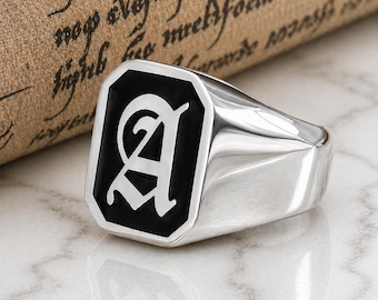 Custom Initial Signet Ring, Black Enamel Old English Letter Ring, Sterling Silver or Stainless Steel Monogram Gift