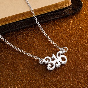 May include: A silver-colored necklace with the number "316" as a pendant. The necklace chain is delicate and the pendant is in a stylized font. The necklace is displayed on a brown surface.