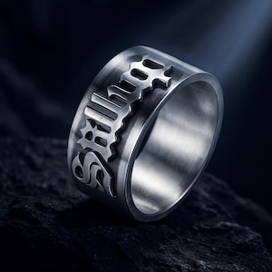 Custom Gothic Name Ring, Old English Font, Personalized Brass or 925 Sterling Silver Ring, Tattoo Style Jewelry, Gift for Him/Her