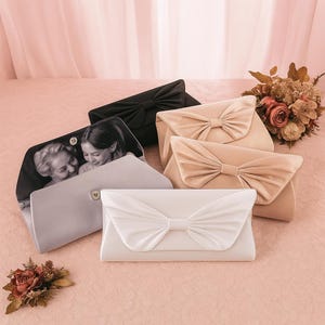 Custom Photo Clutch with Bow | Personalized Wedding Purse for Mom or Bride | Add Black & White or Color Photo | 4 Bag Colors Available