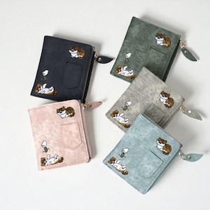 Embroidered cat wallet with zipper, coin purse, card holder, ID slot.