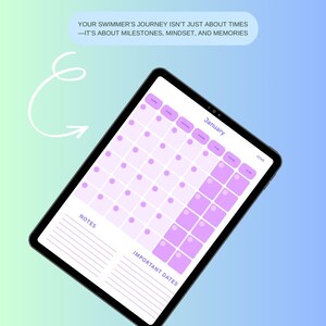 Könnte beinhalten: Digitales Schwimmtagebuch auf einem Tablet. Der Bildschirm zeigt ein Kalenderlayout mit lila Quadraten und Punkten, beschriftet mit "Januar". Der Text enthält "Swimming Journal", "Notizen" und "Wichtige Daten". Der Hintergrund ist ein Farbverlauf aus Blau und Grün.