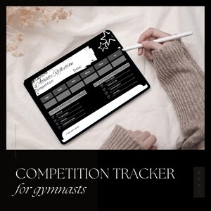 Könnte beinhalten: Schwarz-weißer Wettkampftracker für Turner. Der Tracker enthält Abschnitte für Datum, Team und Boden, mit Aufforderungen zur Athletenreflexion. Der Text "Athlete Reflection" und "Competition Tracker for gymnasts" sind sichtbar.