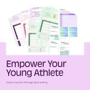 Puede incluir: Un conjunto de hojas de trabajo imprimibles para establecer objetivos para jóvenes atletas. Las hojas de trabajo están diseñadas para ayudar a los atletas a establecer objetivos, hacer un seguimiento de su progreso y mantenerse motivados. Las hojas de trabajo están impresas en papel blanco con acentos verdes, morados y rosados. El texto en las hojas de trabajo incluye "Goal Setting" y "My Sporting Journey".