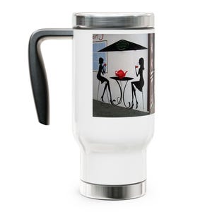 Chic Silhouette Stainless Steel Travel Mug, Stylish Travel Coffee Mug, Elegant Tea Travel Mug, Cafe Society Travel Mug, Sidewalk Cafe Mug