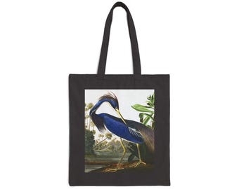 Beautiful Heron Illustration Cotton Canvas Tote Bag, Louisiana Heron Canvas Tote Bag, Heron in Swamp Tote Bag, Audubon Heron Print Tote Bag