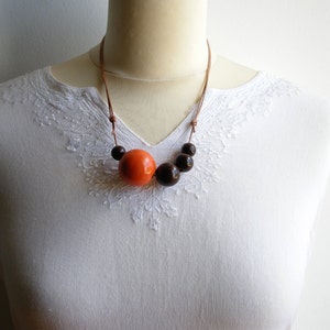 Wooden necklace, wooden bead necklace, asymmetric long necklace, wood necklace, orange, brown, eco jewelry, minimal jewelry, women's gift image 4