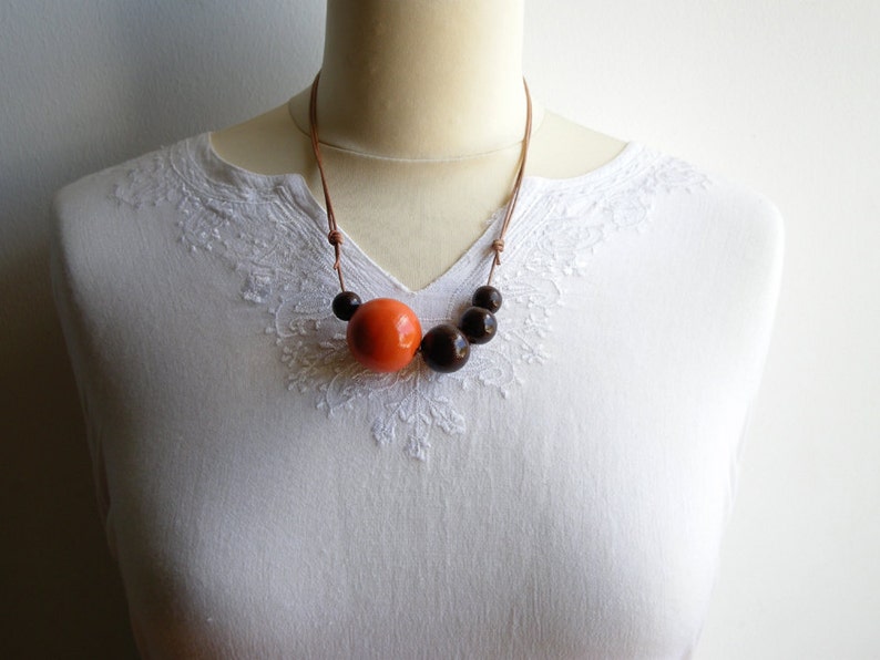 Wooden necklace, wooden bead necklace, asymmetric long necklace, wood necklace, orange, brown, eco jewelry, minimal jewelry, women's gift image 4