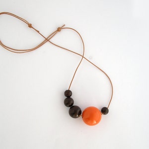 Wooden necklace, wooden bead necklace, asymmetric long necklace, wood necklace, orange, brown, eco jewelry, minimal jewelry, women's gift image 2