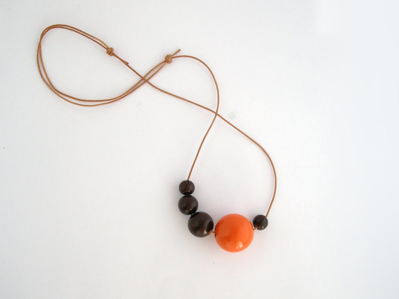 Wooden necklace, wooden bead necklace, asymmetric long necklace, wood necklace, orange, brown, eco jewelry, minimal jewelry, women's gift image 2