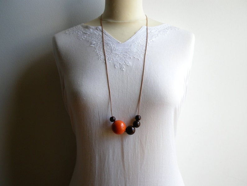 Wooden necklace, wooden bead necklace, asymmetric long necklace, wood necklace, orange, brown, eco jewelry, minimal jewelry, women's gift image 5