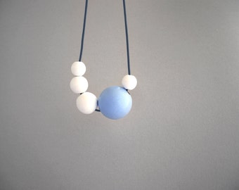 Wooden bead necklace, asymmetric necklace, wood necklace, coworker gift, white blue, eco friendly jewelry, pastel necklace, women's gift