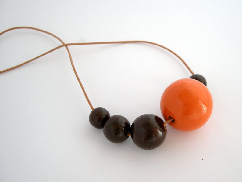 Wooden necklace, wooden bead necklace, asymmetric long necklace, wood necklace, orange, brown, eco jewelry, minimal jewelry, women's gift image 3