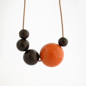 Wooden necklace, wooden bead necklace, asymmetric long necklace, wood necklace, orange, brown, eco jewelry, minimal jewelry, women's gift image 1