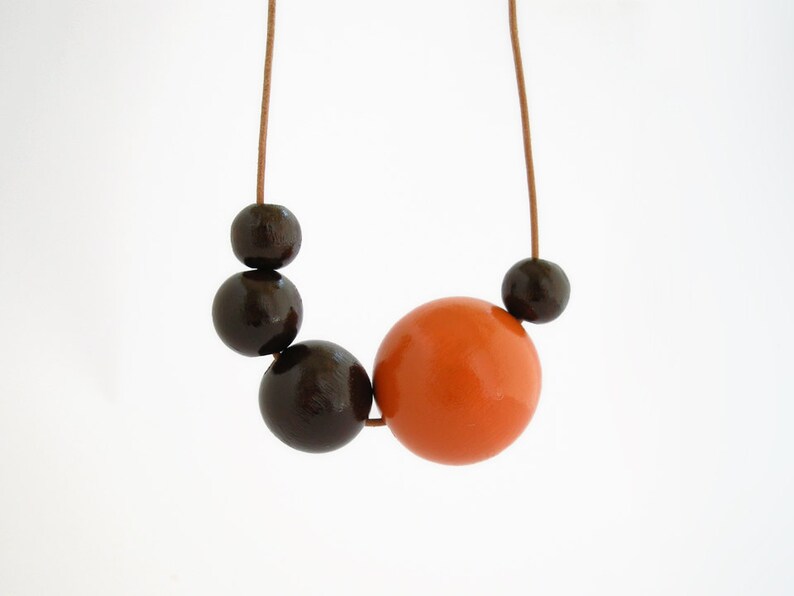 Wooden necklace, wooden bead necklace, asymmetric long necklace, wood necklace, orange, brown, eco jewelry, minimal jewelry, women's gift image 1